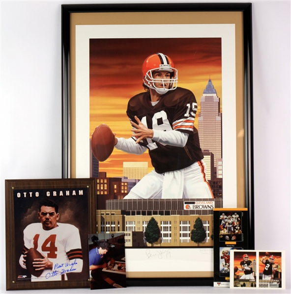 1990s Otto Graham Bernie Kosar Cleveland Browns Signed Framed Lithograph & Photo Display - Lot of 2 (JSA)