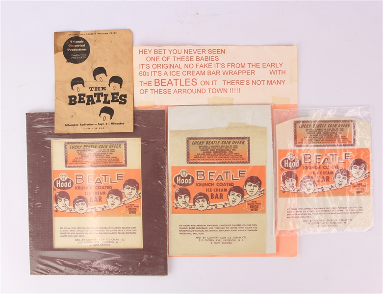 1960s The Beatles Memorabilia - Lot of 4 w/ Ice Cream Bar Wrappers & Handbill