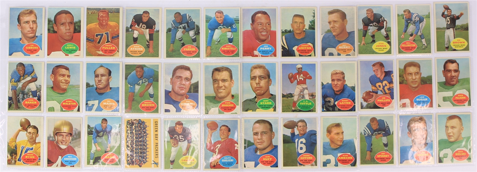 1960 Topps Football Trading Cards - Lot of 36 w/ Bart Starr, Johnny Unitas, Alan Ameche, Frank Gifford & More
