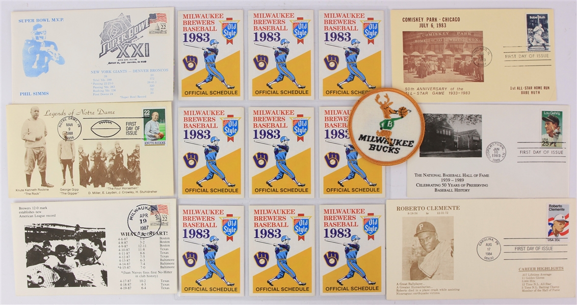 1980s Brewers Pocket Schedules, First Day Covers & Milwaukee Bucks Patch - Lot of 16