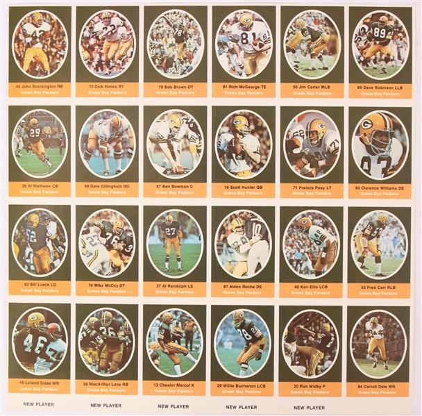 1972 Green Bay Packers Uncut Sunoco Player Stamp Sheet w/ 24 Total Stamps