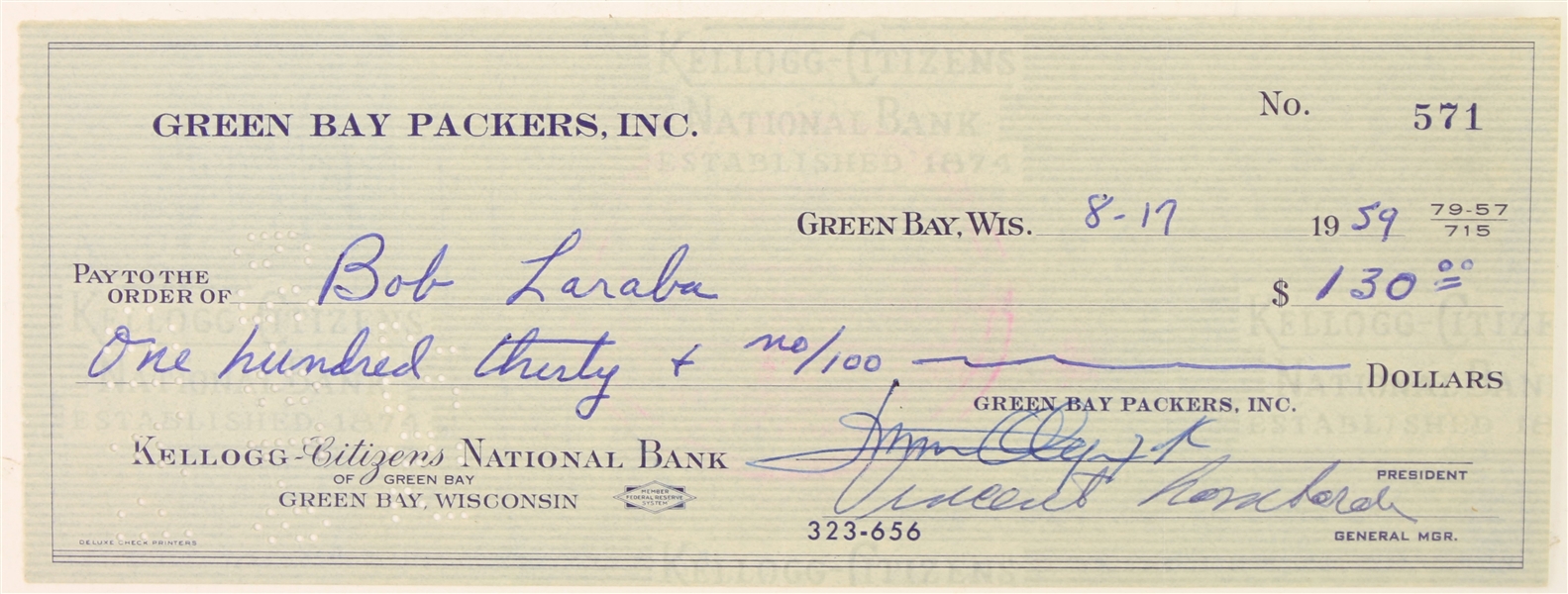 1959 Vince Lombardi Green Bay Packers Signed Check (JSA)