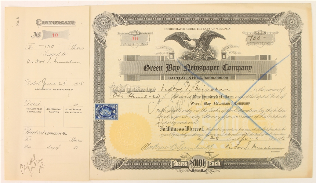 1915 Andrew Turnbull Victor Minahan Signed Green Bay Newspaper Company Stock Certificate (JSA)