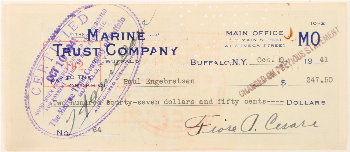 1941 Paul "Tiny" Engebretsen Buffalo Tigers Signed Payroll Check 