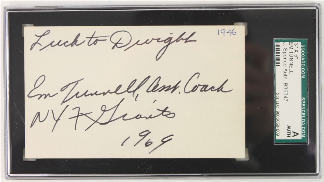 1969 Emlen Tunnell New York Giants Signed 3" x 5" Index Card (SGC Slabbed)