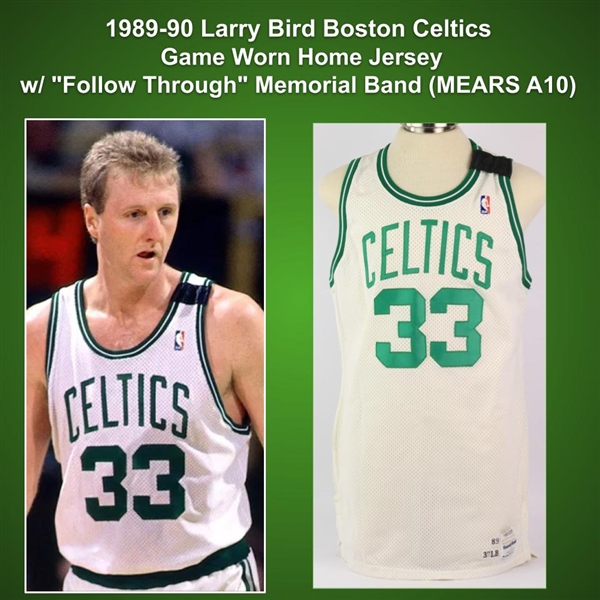 1989-90 Larry Bird Boston Celtics Game Worn Home Jersey w/ "Follow Through" Memorial Band (MEARS A10)
