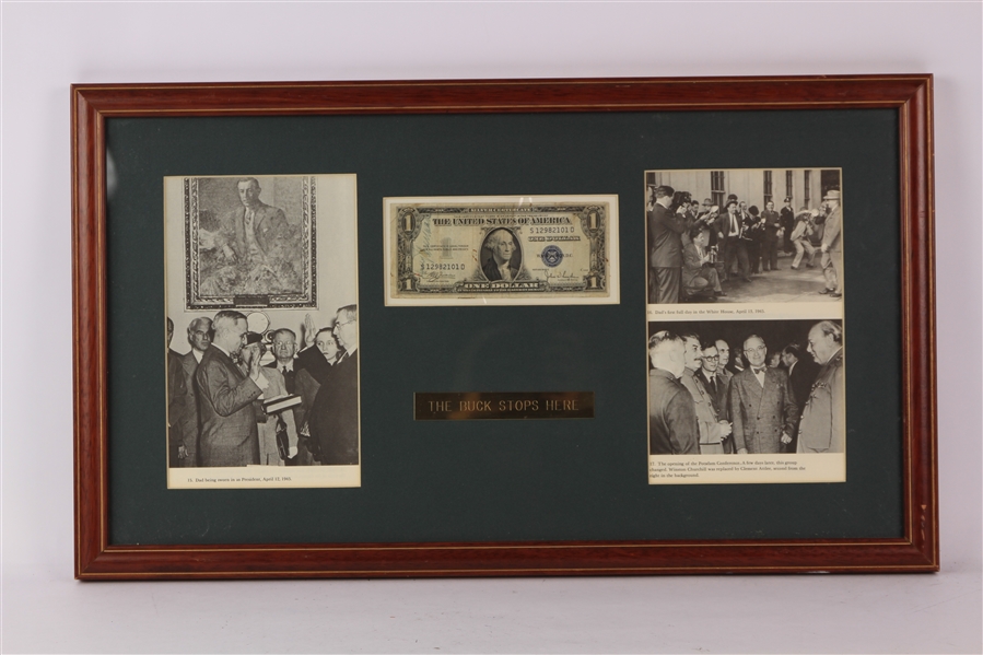 1935 Harry Truman 33rd President of the Unites States of America 13" x 23" Framed The Bucks Stops Here Display w/ Signed Dollar Bill (JSA)