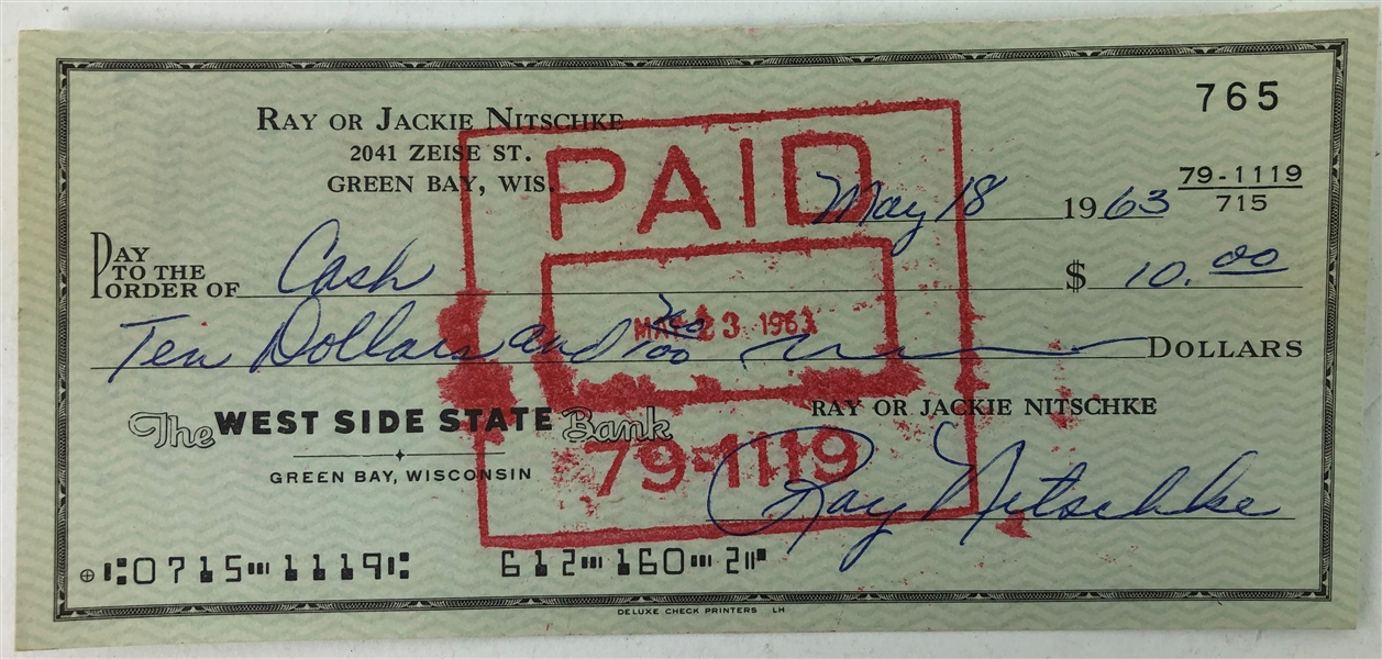 1963 Ray Nitschke Green Bay Packers Signed Personal Check (JSA)