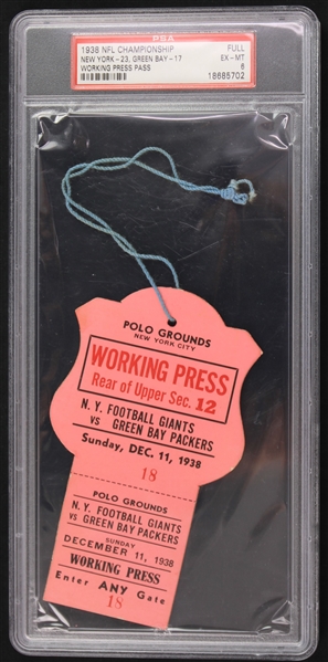 1938 New York Giants Green Bay Packers NFL Championship Game Polo Grounds Working Press Pass (PSA Slabbed EX-MT 6)