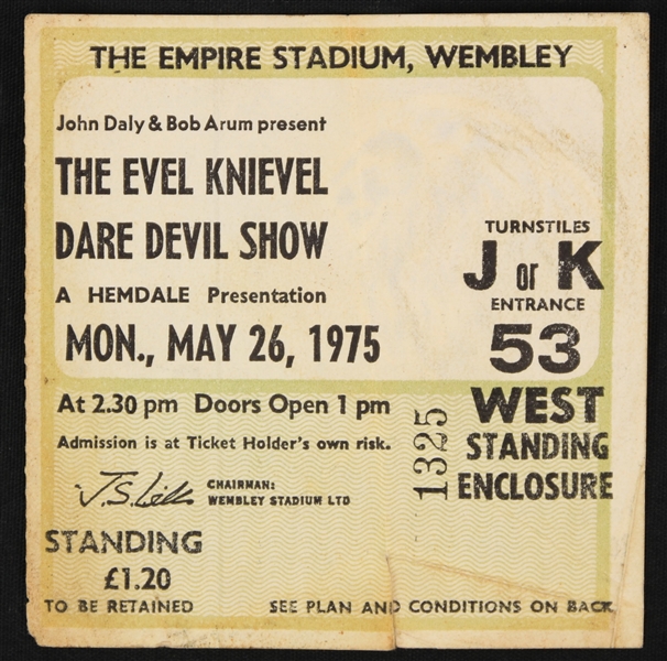 1975 The Evel Knievel Dare Devil Show Wembley Stadium Last Jump Ever Ticket 