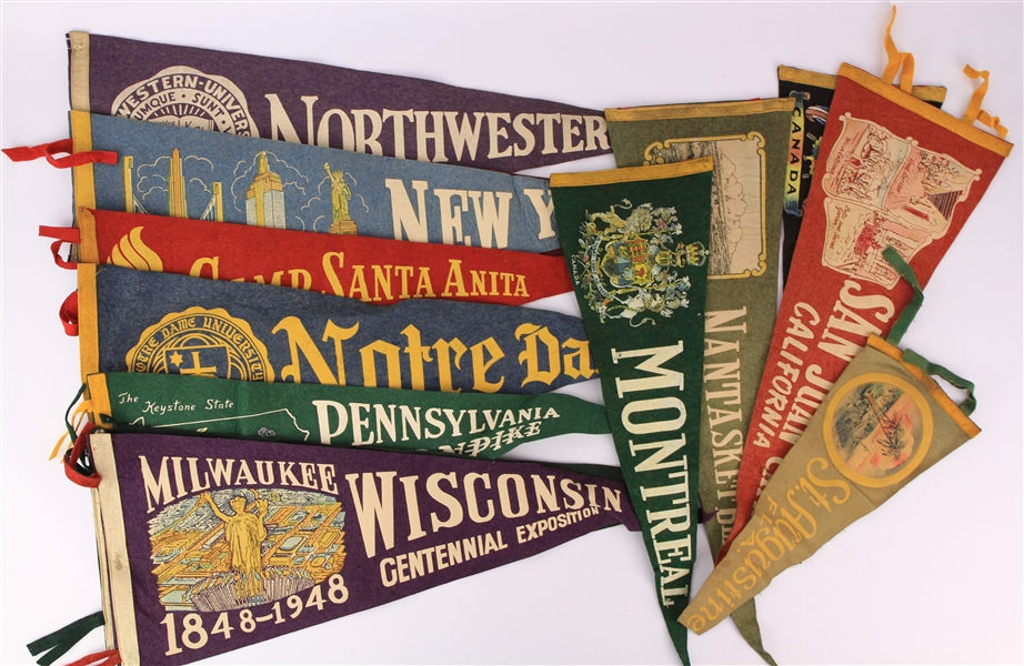 1950s-60s Americana Felt Pennant Collection - Lot of 50+ w/ Statue of Liberty, Niagara Falls, Notre Dame & More