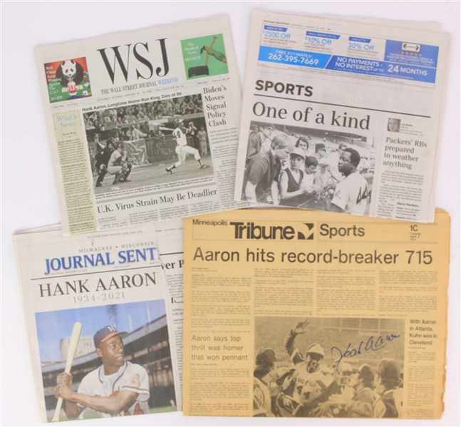 1974-2021 Hank Aaron Atlanta Braves Newspaper Section Collection - Lot of 4 w/ Signed 1974 Minneapolis Tribune #715 Sports Section (JSA)