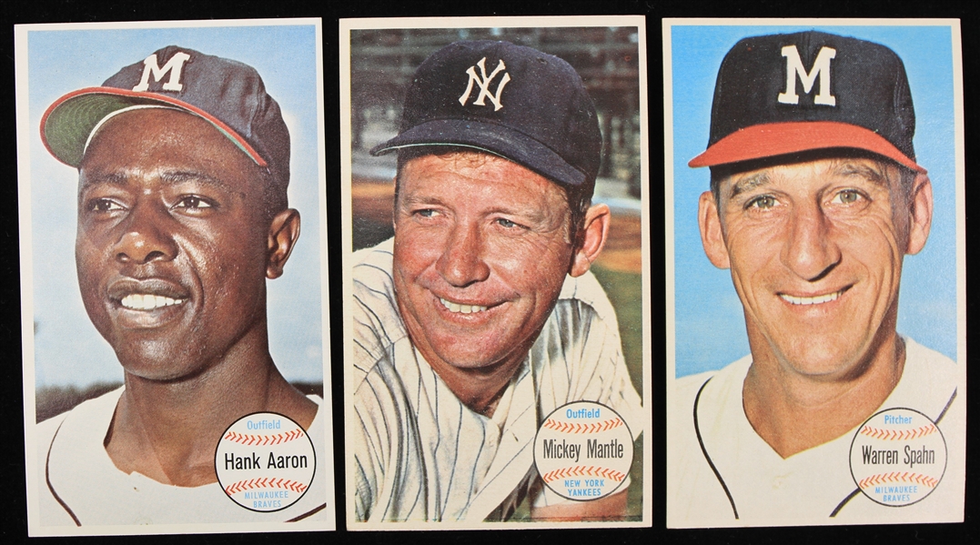 1964 Mickey Mantle Hank Aaron Warren Spahn Yankees / Braves Topps Giants Baseball Trading Cards - Lot of 3