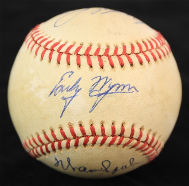 1985-89 Warren Spahn Steve Carlton Don Sutton Gaylord Perry Early Wynn 300 Win Club Multi Signed OAL Brown Baseball (*JSA*)