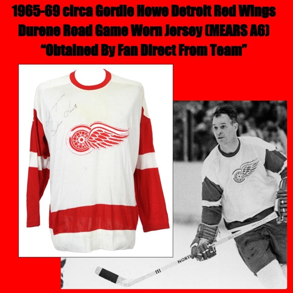 1965-69 circa Gordie Howe Detroit Red Wings Durene Road Game Worn Jersey (MEARS A6) “Obtained By Fan Direct From Team”