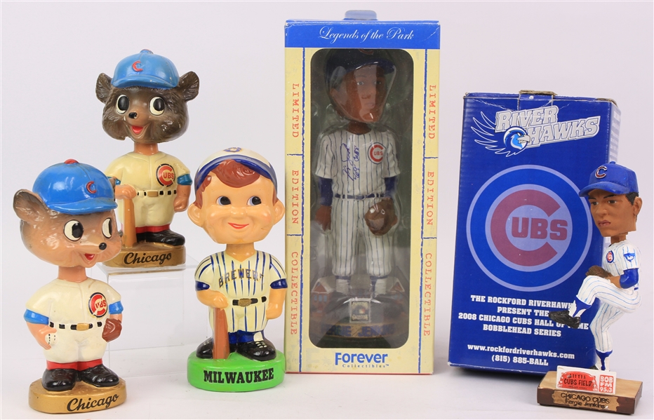 1960s-2000s Chicago Cubs Bobblehead Collection - Lot of 5 w/ 7" Gold Base, MIB 9" Fergie Jenkins Signed & More