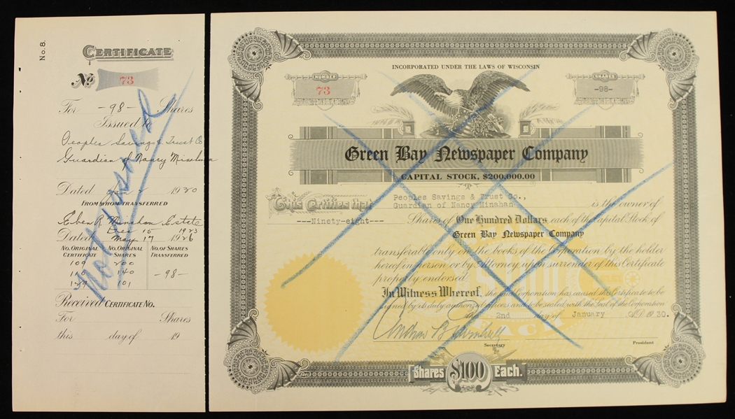 1930 Green Bay Newspaper Company Certificate for Shares of Capital Stock 