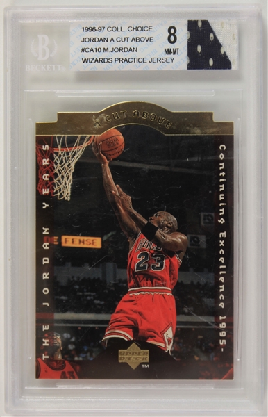 1996-97 Michael Jordan Chicago Bulls Upper Deck Collectors Choice Basketball Trading Card w/ Wizards Practice Jersey Cut Section (Beckett 8 NM-MT)