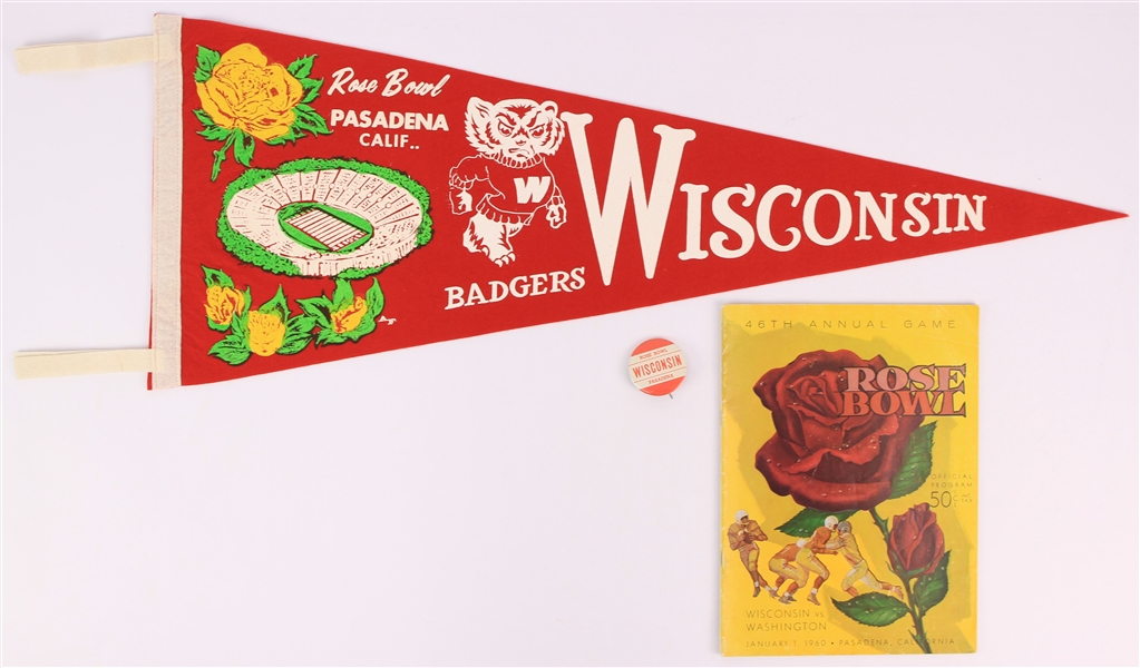 1960 Wisconsin Badgers Rose Bowl Memorabilia Collection - Lot of 3 w/ Game Program, Full Size Pennant & Pinback Button