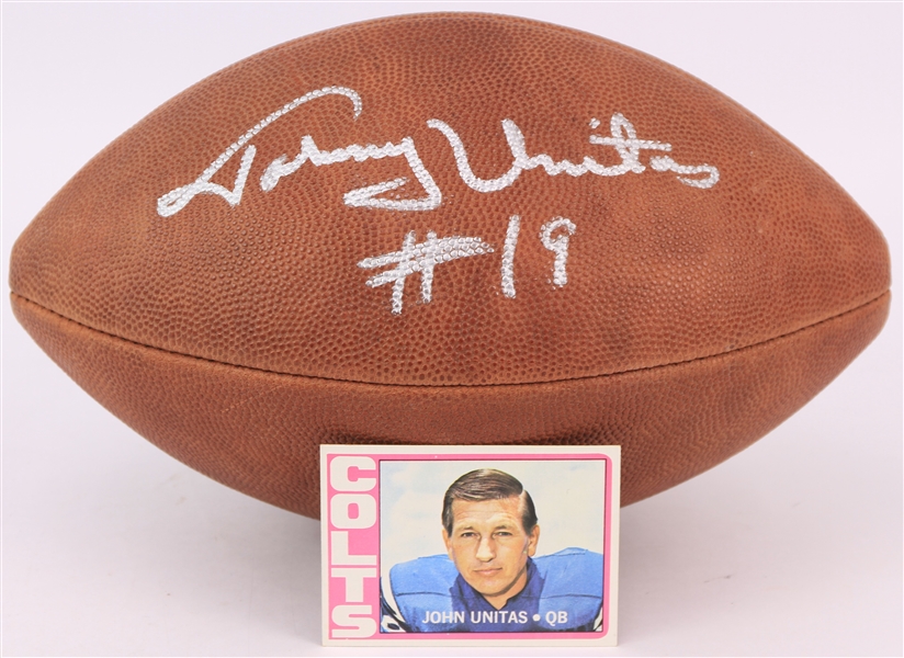 1980s Johnny Unitas Baltimore Colts Signed ONFL Rozelle Football w/ 1972 Topps Trading Card (JSA)