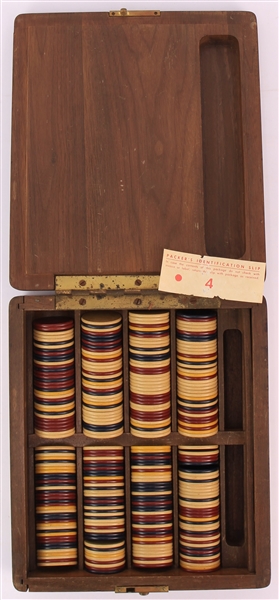 1950s Poker Chip Collection - Lot of 250+ w/ Original Wooden Box & Packers Identification Slip