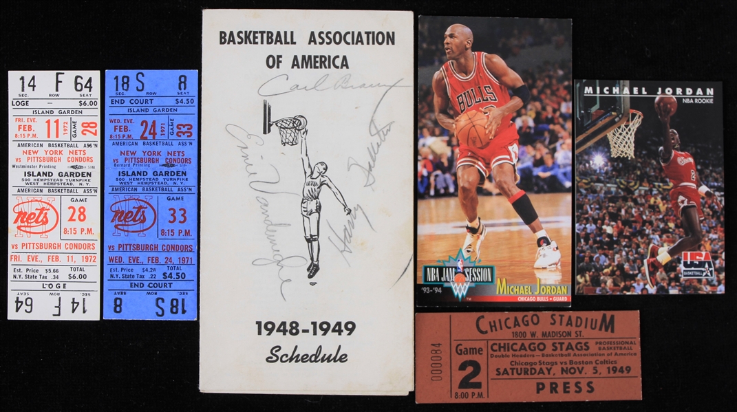 1948-94 Basketball Memorabilia Collection - Lot of 6 w/ Ticket Stubs, Michael Jordan Cards & New York Knicks Signed 1948-49 Schedule Book (JSA)