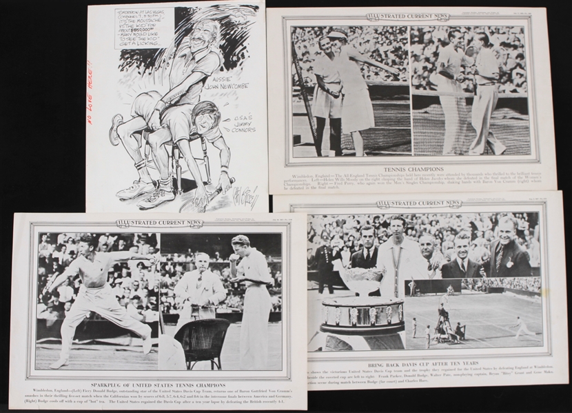 1930s-1960s Illustrated Current News Tennis Champions w/ Phil Bissell Illustrations (Lot of 6)