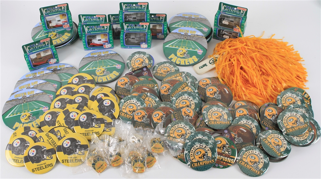 1990s Green Bay Packers Pinbacks, NFL Matchbox Team Collectibles, & Key Chains (Lot of 115+)