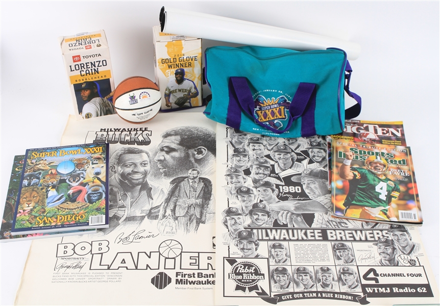 1980s-2000s Packers Brewers Bucks Sports Memorabilia Collection - Lot of 100 w/ Super Bowl Programs, Super Bowl Mini Duffle, Posters, Trading Cards & More