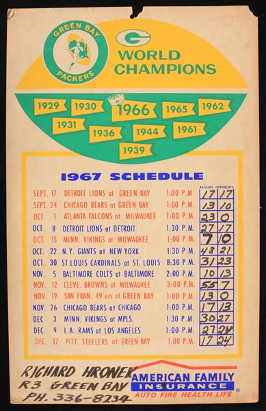 1967 Green Bay Packers 14" x 22" American Family Insurance Schedule Broadside
