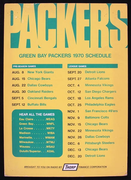 1970 Green Bay Packers 14" x 19" Thorp Finance Corp Schedule Broadside