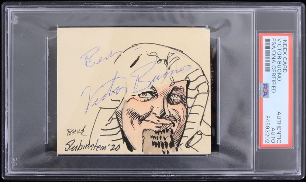 1966 Batman Victor Buono King Tut Signed 3 x 3.5 Sketch (PSA/DNA Slabbed) "Rare Guest Star"