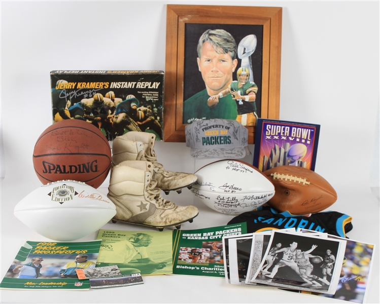 1950s-2000s Football & Basketball Memorabilia - Lot of 19 w/ Signed Items, Brett Favre Rookie Publications, Art Work & More (JSA)