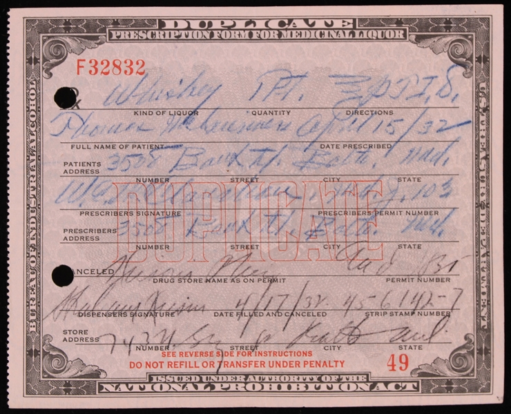 1932 Prohibition Whiskey Treasury Department Bureau of Industrial Alcohol Duplicate Prescription Form for Medicinal Liquor 