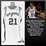 2005-2006 Phenomenal Tim Duncan San Antonio Spurs Game Worn Home Autographed Jersey (MEARS  A10/JSA) Collection of Team Employee