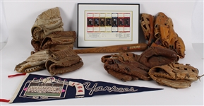1950s-2000s Baseball Football Memorabilia Collection - Lot of 16 w/ Jackie Robinson Little League Decal Bat, Ted Williams Endorsed Store Model Baseball Mitts, 1964 Yankees Team Photo Pennant & More