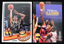 1979-92 George Gervin San Antonio Spurs and Hakeem Olajuwon Houston Rockets Autographed Trading Cards (JSA) (Lot of 2)