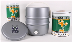 1980s-90s Milwaukee Bucks 13" Popcorn Tins w/ Water Cooler (Lot of 3)