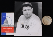 1940s Baseball Memorabilia Collection - Lot of 3 w/ Babe Ruth Photo, Mel Ott Stamped Mini Baseball & Washington Nationals Roster Book