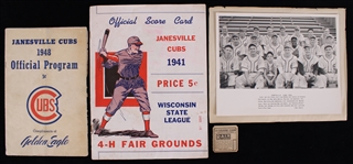 1941-49 Janesville Cubs Memorabilia Collection - Lot of 4 w/ Programs, Stub & Team Photo