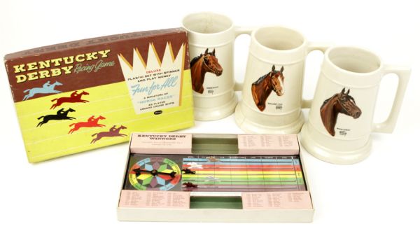 1930-50s  Kentucky Derby Lot Includes Game, 3 Steins w/ Seabiscuit  &  1940s Pabst Blue Ribbon Kentucky Derby Store Display