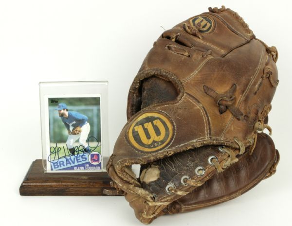 1980s Glenn Hubbard Atlanta Braves Game Worn Fielding Glove W/ Signed Card- MEARS LOA