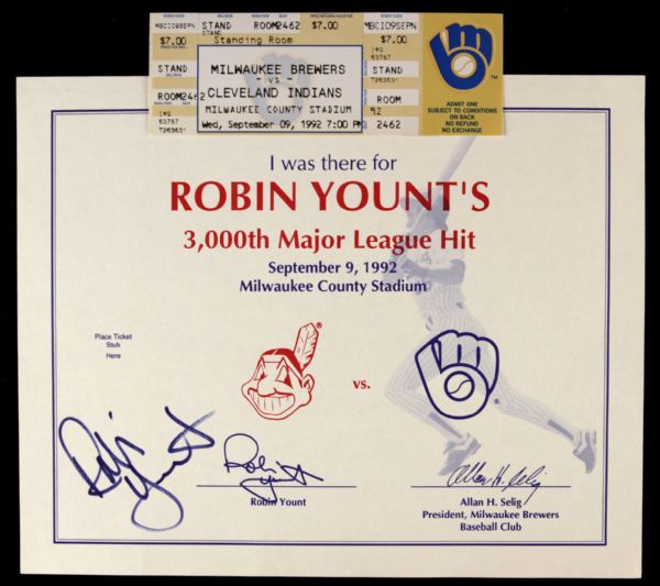 1992 Robin Yount Milwaukee Brewers 3000 Hit Full Ticket & Signed Certificate - JSA 