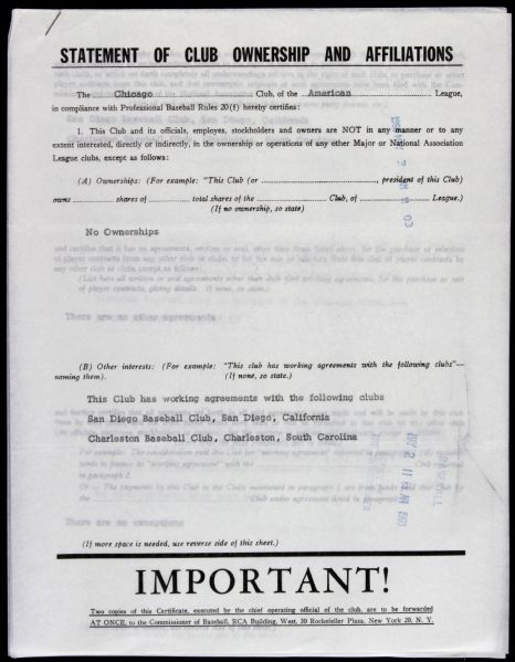 1960 Bill Veeck Chicago White Sox Hall of Fame Owner Signed Statement of Ownership Document - JSA 