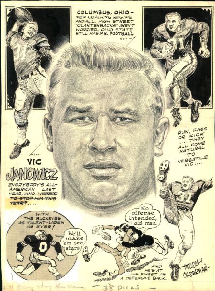 1950-51 Vic Janowicz Ohio State University "The Sporting News" Original Illustration Artwork (Sporting News Collection Hologram/MEARS LOA) Unique, 1:1