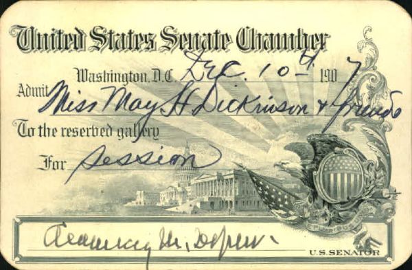 1907 Senator Chauncey Depew Signed United States Senate Chamber Admission Card