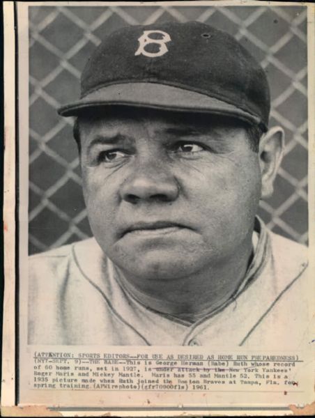 1935 Babe Ruth Boston Braves "The Sporting News Collection Archives" Original 6" x 8" Photo (Sporting News Collection Hologram/MEARS Photo LOA)