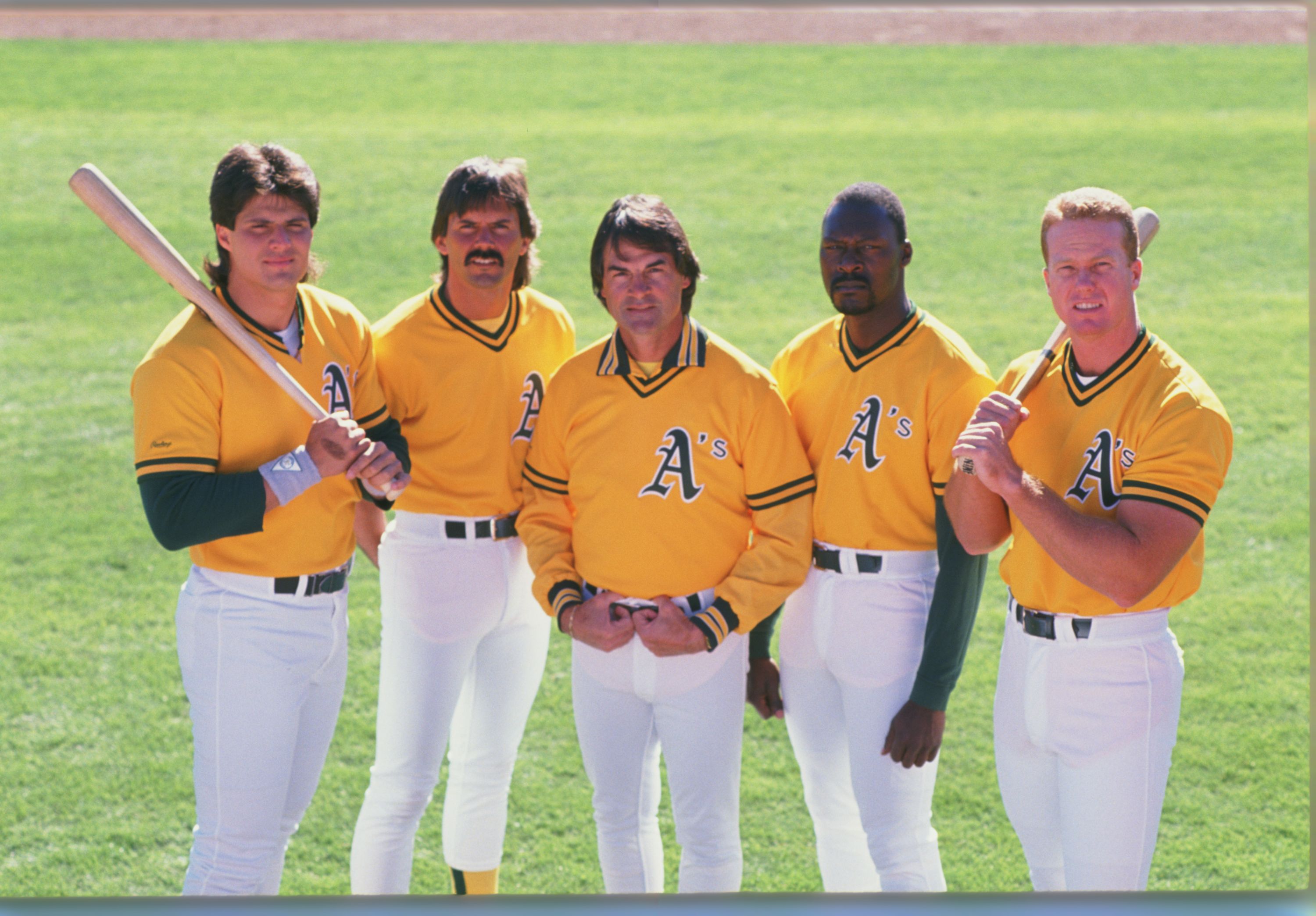 Oakland A's stars, Jose Canseco, Dave Stewart, Mgr. Tong LaRussa, Dennis  Eckersley, and Mark McGuire…