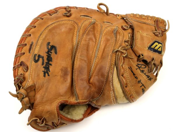 1980s B.J. Surhoff Milwaukee Brewers Game Worn Catchers Mitt Glove w/Interesting Inscription With LOA From Bullpen Catcher MEARS LOA