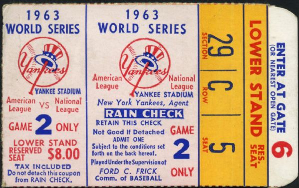 1963 World Series Game 2 Ticket Stub - Los Angeles Dodgers vs. New York Yankees 